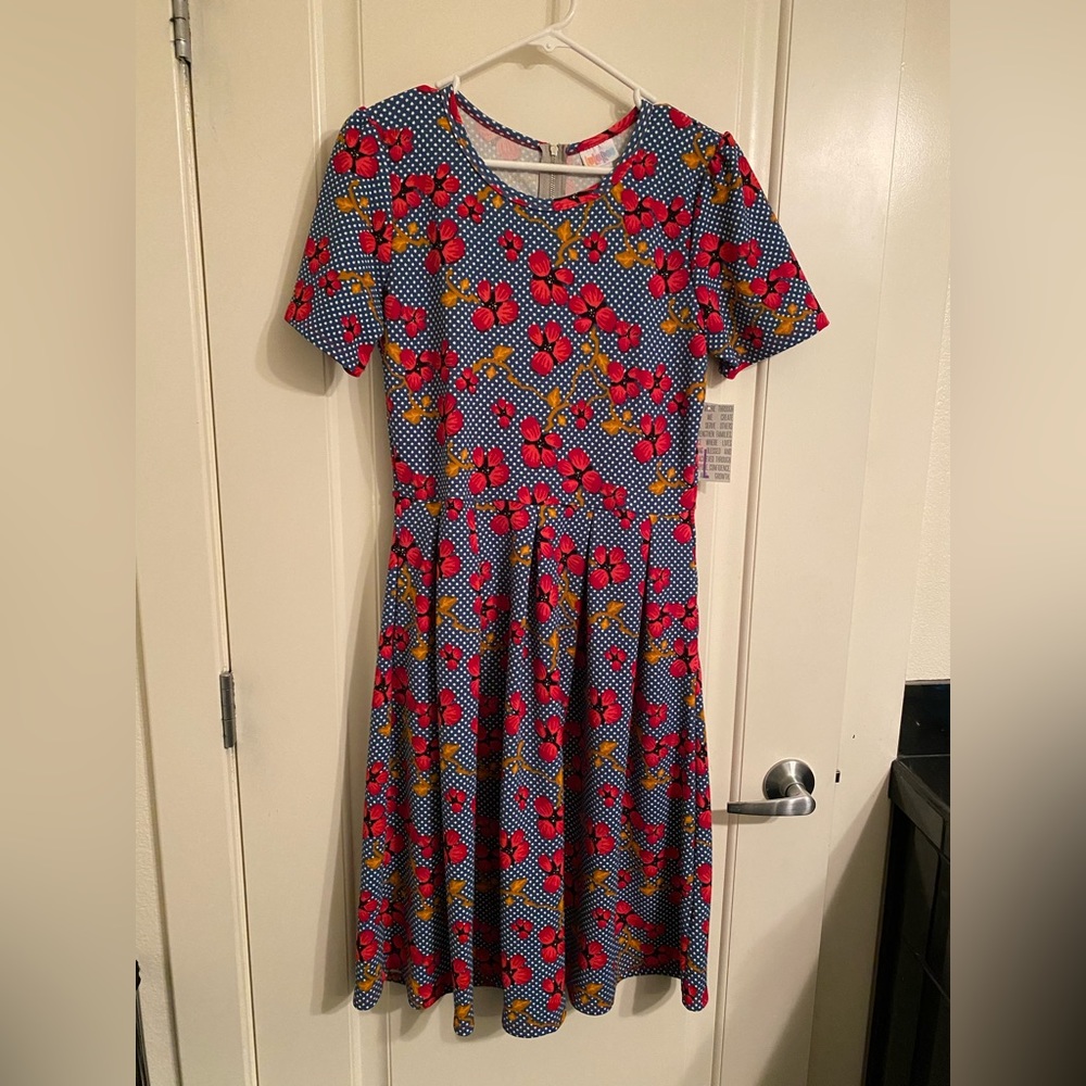 LULAROE Amelia L dress. Colors: blue/polka dots/ red flowers. New with tags.